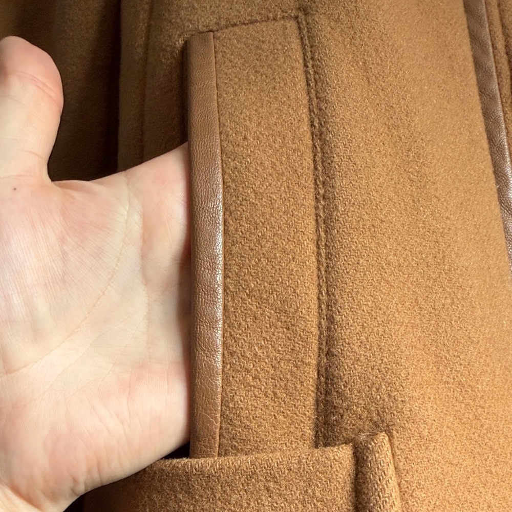 Trina Turk Tan Wool Coat with Coyote Fur Hood - Picture 6 of 16